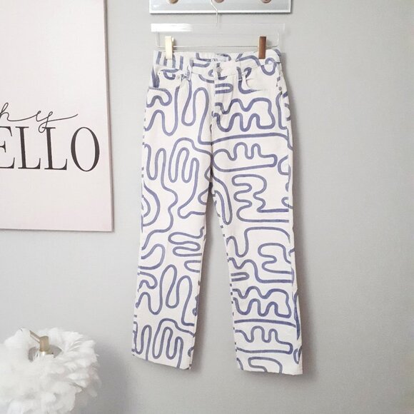NWOT Zara beige cream & purple swirl graffiti printed straight high waist jeans - Picture 9 of 10
